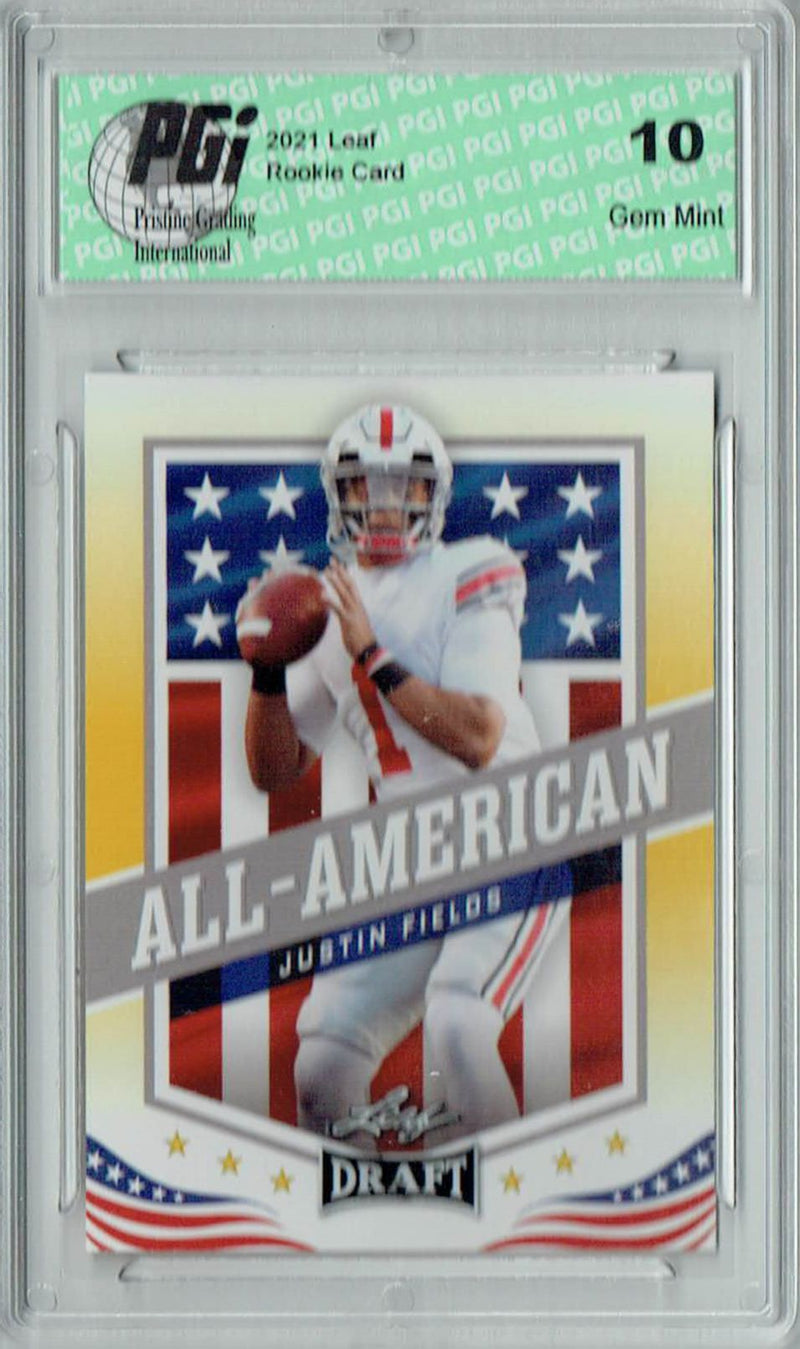 Justin Fields Rookie Card Ohio State / Chicago PGI 10 Gem Mint Football Trading Card 2021 Leaf Football #49 Gold All-American SP