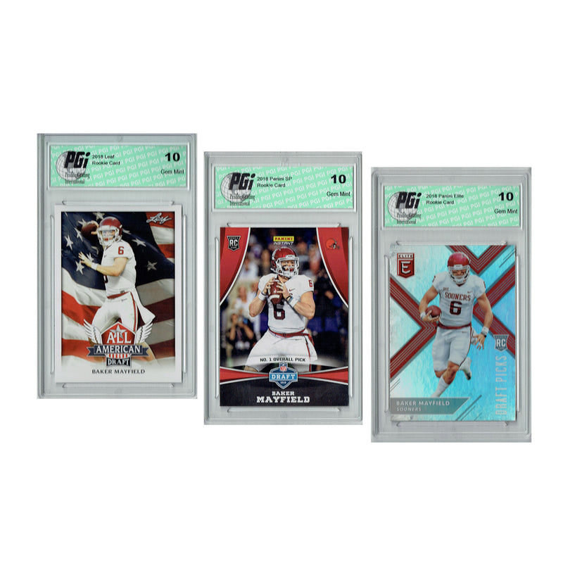 Baker Mayfield 2018 Rookie Cards 3-Pack Panini Draft Night / Elite / Leaf PGI 10