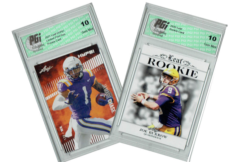 2) Joe Burrow & Ja'Marr Chase Leaf HYPE/Exclusive #2/#52 Rookie Card Lot PGI 10
