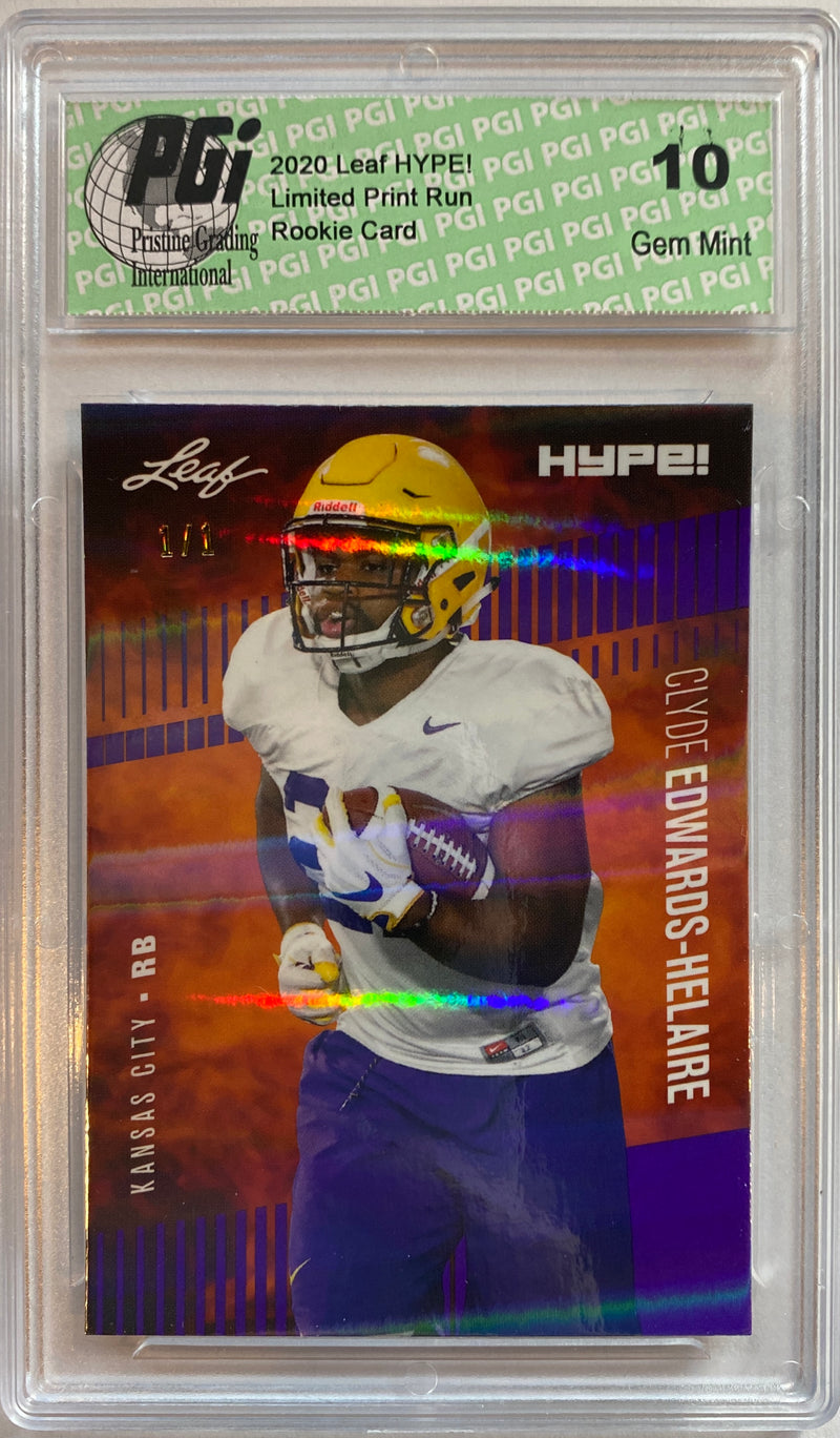 Clyde Edwards-Helaire Rookie Card Kansas City PGI 10 Gem Mint Football Trading Card 2020 Leaf HYPE #36A Purple Shimmer 1/1