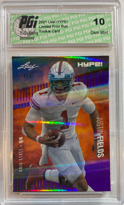 Justin Fields 2021 Leaf HYPE! #50A Purple Shimmer, 1 of 1 Rookie Card PGI 10
