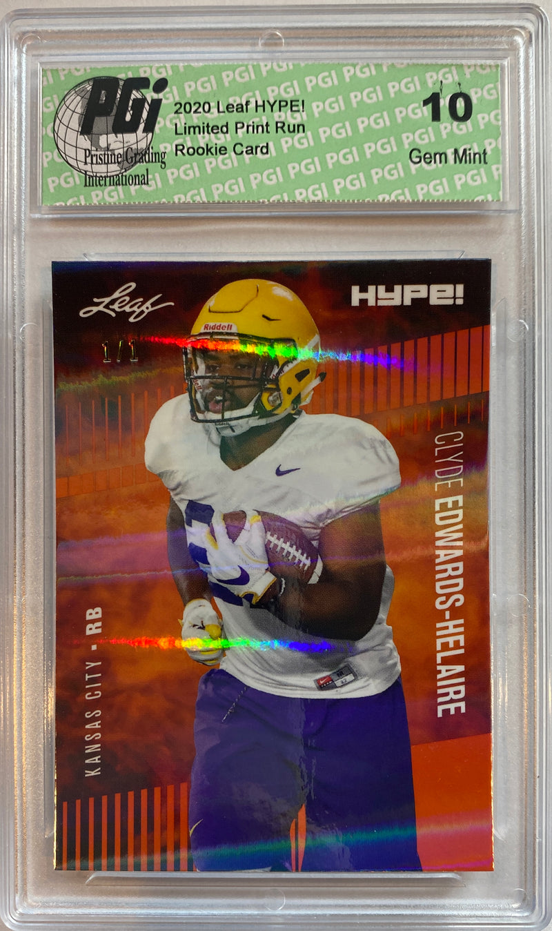 Clyde Edwards-Helaire Rookie Card Kansas City PGI 10 Gem Mint Football Trading Card 2020 Leaf HYPE! #36A Orange Shimmer 1/1