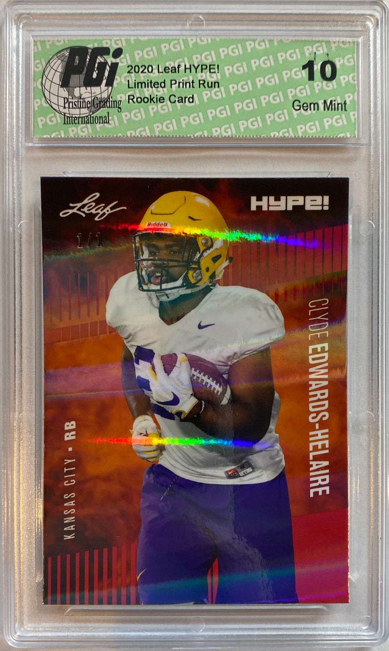 Clyde Edwards-Helaire Rookie Card Kansas City PGI 10 Gem Mint Football Trading Card 2020 Leaf HYPE! #36A Red Shimmer 1 of 1