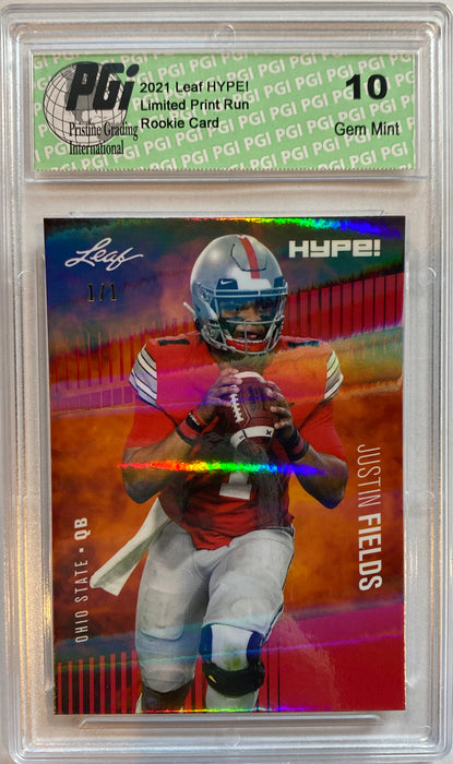 Justin Fields 2021 Leaf HYPE! #50 Red Shimmer 1 of 1 Rookie Card PGI 10