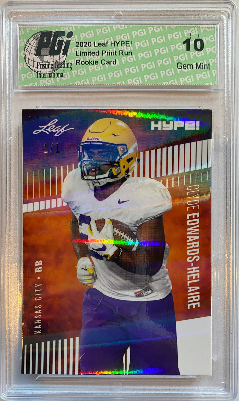 Clyde Edwards-Helaire Rookie Card Kansas City PGI 10 Gem Mint Football Trading Card 2020 Leaf HYPE! #36A White Shimmer 1/1