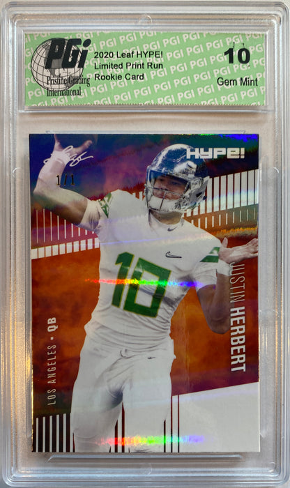 Justin Herbert 2020 Leaf HYPE! #27A White Shimmer 1 of 1 Rookie Card PGI 10