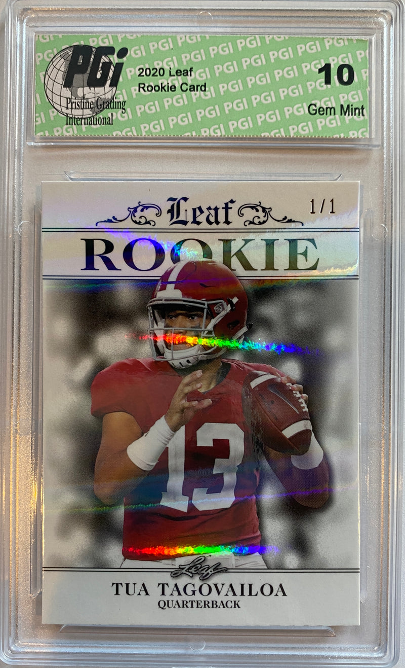 Tua Tagovailoa Rookie Card Miami PGI 10 Gem Mint Football Trading Card 2020 Leaf Exclusive #5 White Shimmer, 1/1