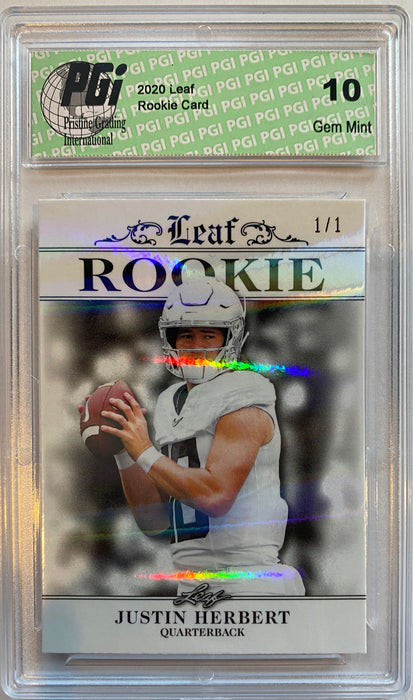 Justin Herbert 2020 Leaf Exclusive #4 White Shimmer, 1/1 Rookie Card PGI 10