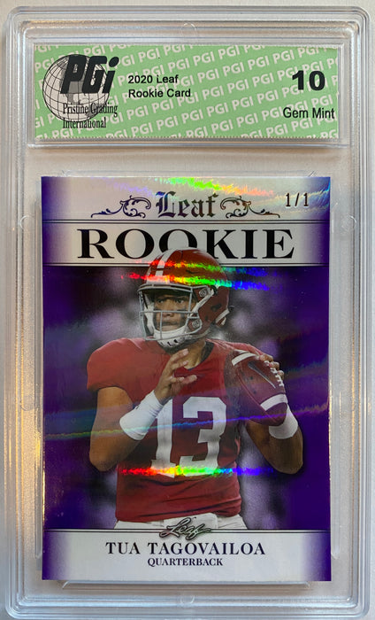 Tua Tagovailoa 2020 Leaf Exclusive #5 Purple Shimmer, 1/1 Rookie Card PGI 10