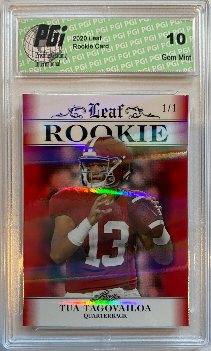 Tua Tagovailoa Rookie Card Miami PGI 10 Gem Mint Football Trading Card 2020 Leaf Exclusive #5 Red Shimmer, 1/1