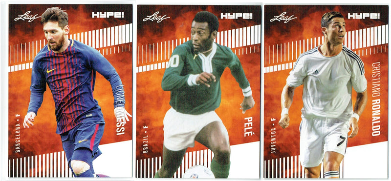 3) Mint Card Lot Pele + Lionel Messi + Cristiano Ronaldo 2020 Leaf Soccer Cards