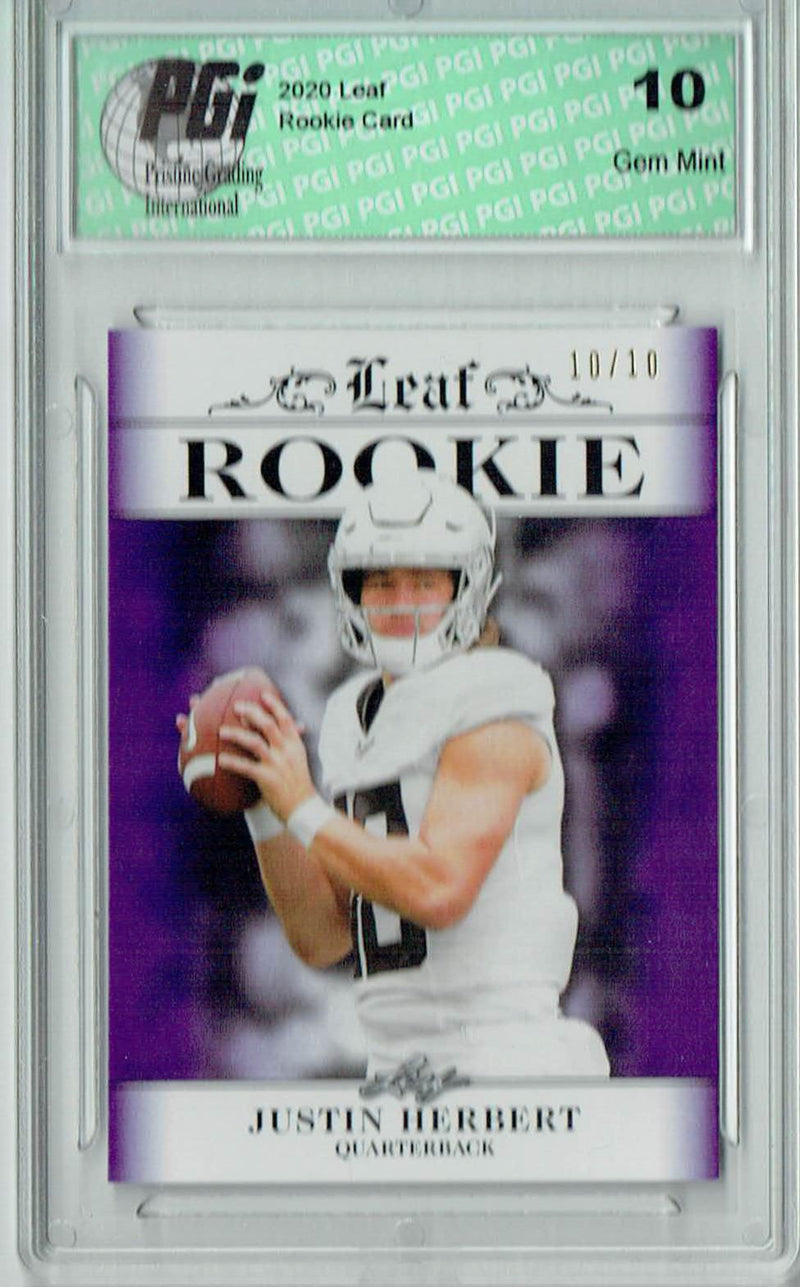 Justin Herbert Rookie Card Los Angeles PGI 10 Gem Mint Football Trading Card 2020 Leaf Exclusive #4 Purple Jersey #10 of 10