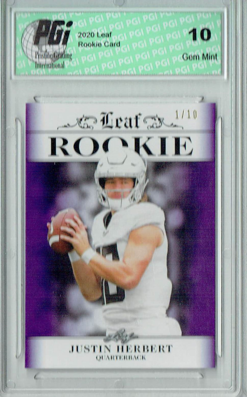 Justin Herbert Rookie Card Los Angeles PGI 10 Gem Mint Football Trading Card 2020 Leaf Exclusive #4 Purple, The 1 of 10