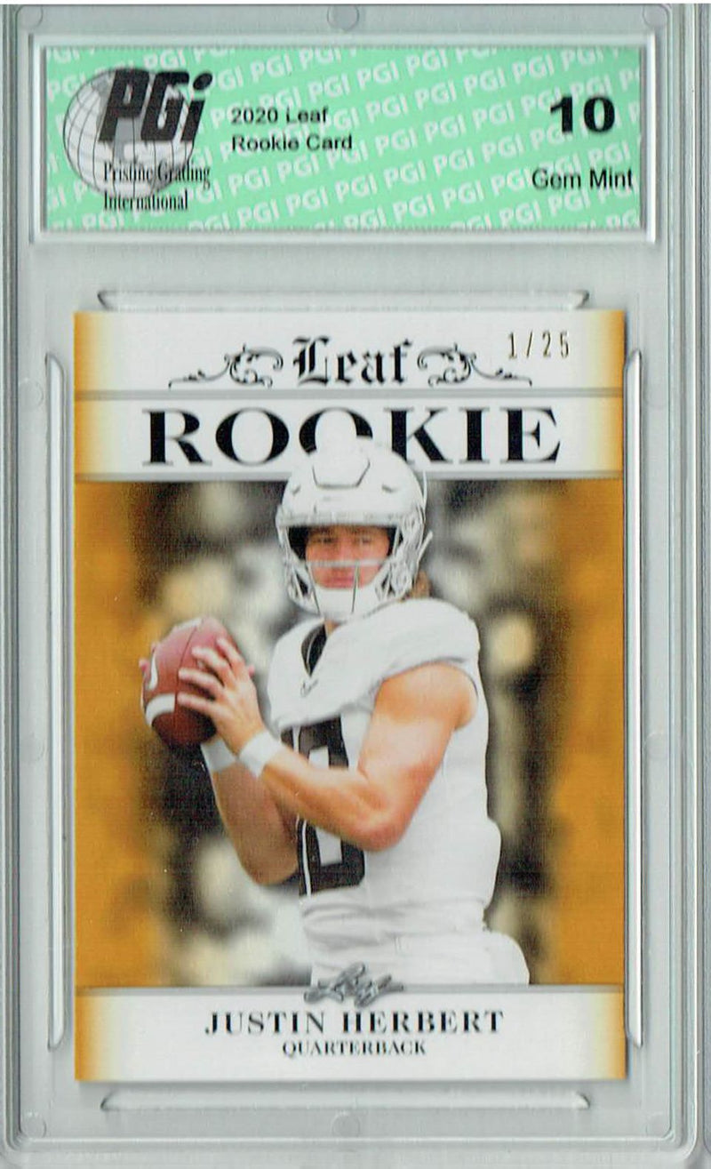Justin Herbert Rookie Card Los Angeles PGI 10 Gem Mint Football Trading Card 2020 Leaf Exclusive #4 Gold, The 1 of 25