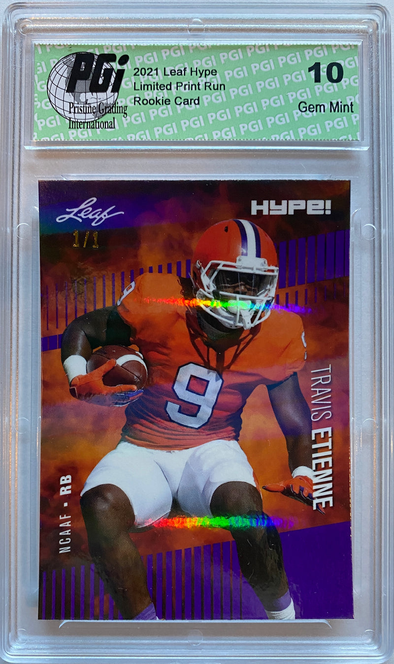 Travis Etienne Rookie Card Jacksonville PGI 10 Gem Mint Football Trading Card 2021 Leaf HYPE! #53A Purple Shimmer 1/1