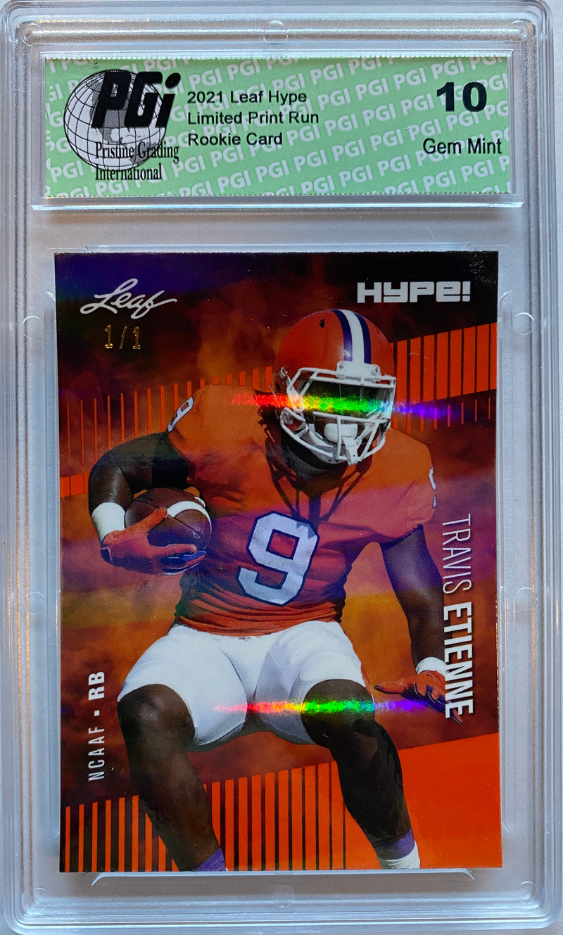 Travis Etienne Rookie Card Jacksonville PGI 10 Gem Mint Football Trading Card 2021 Leaf HYPE! #53A Orange Shimmer 1/1
