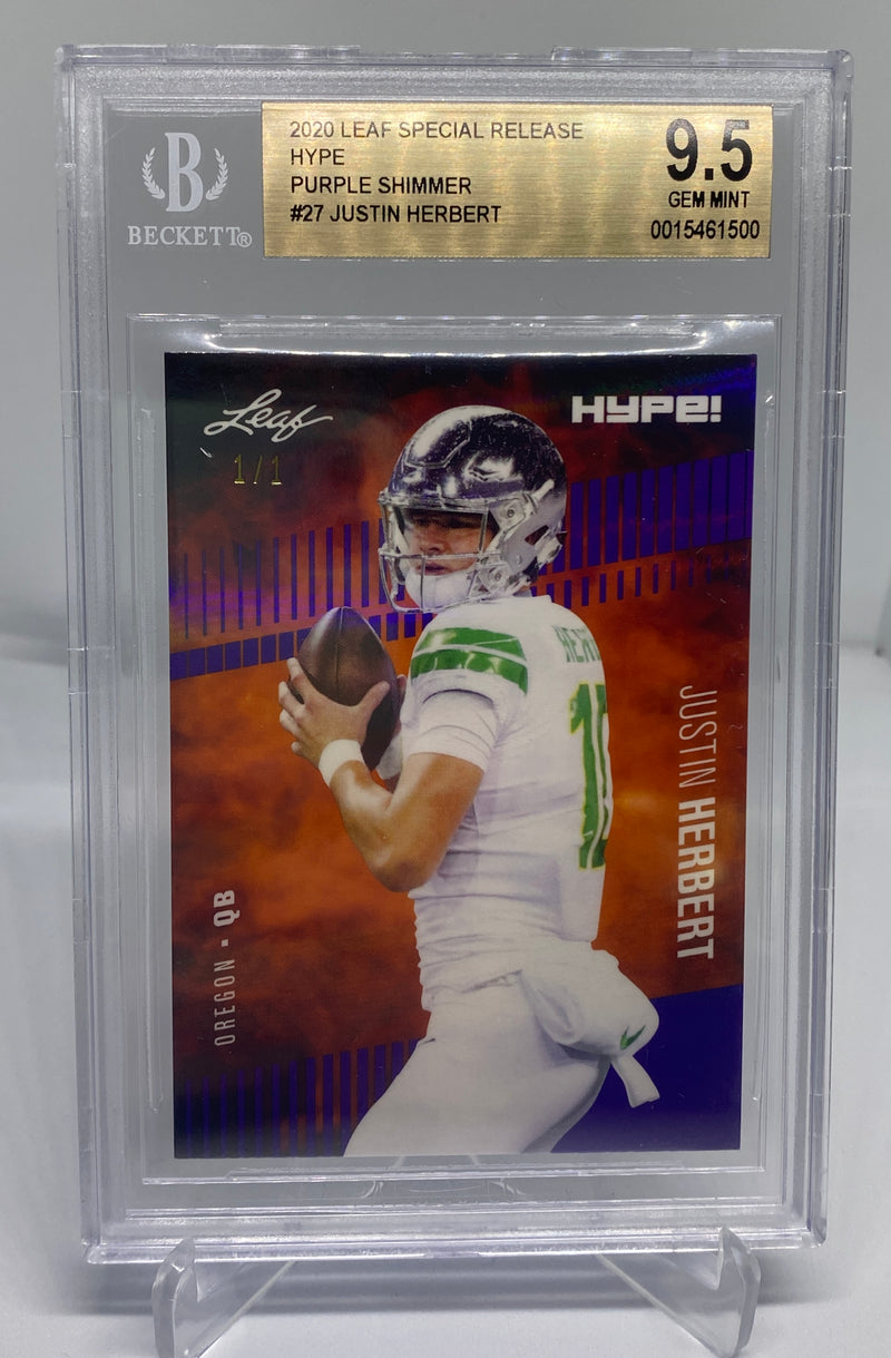 BGS 9.5 Justin Herbert 2020 Leaf HYPE #27 Rookie Card Purple Shimmer 1 of 1