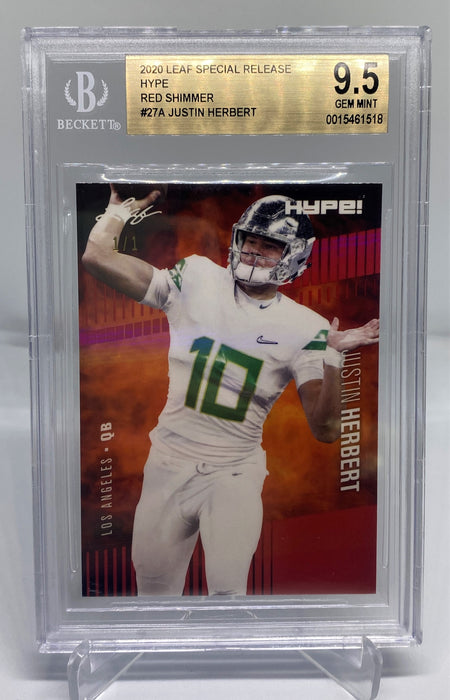 BGS 9.5 Justin Herbert 2020 Leaf HYPE! #27A Rookie Card Red Shimmer 1 of 1