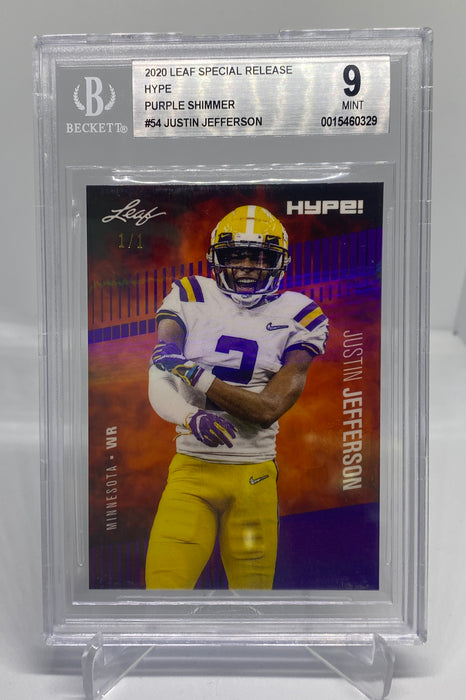 BGS 9 Justin Jefferson 2020 Leaf HYPE! #54 Rookie Card Purple Shimmer 1 of 1