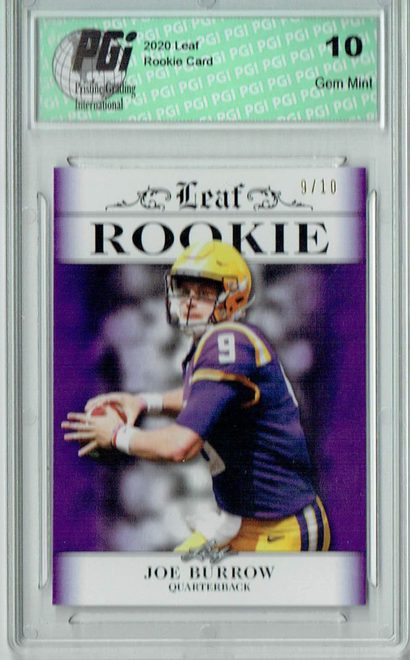 Joe Burrow Rookie Card Cincinnati PGI 10 Gem Mint Football Trading Card 2020 Leaf Exclusive #2 Purple, Jersey #9 of 10
