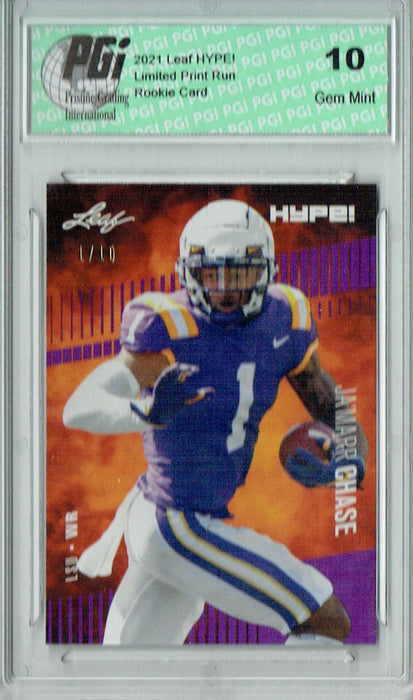 Ja'marr Chase 2021 Leaf HYPE! #52 Purple, Jersey # 1 of 10 Rookie Card PGI 10