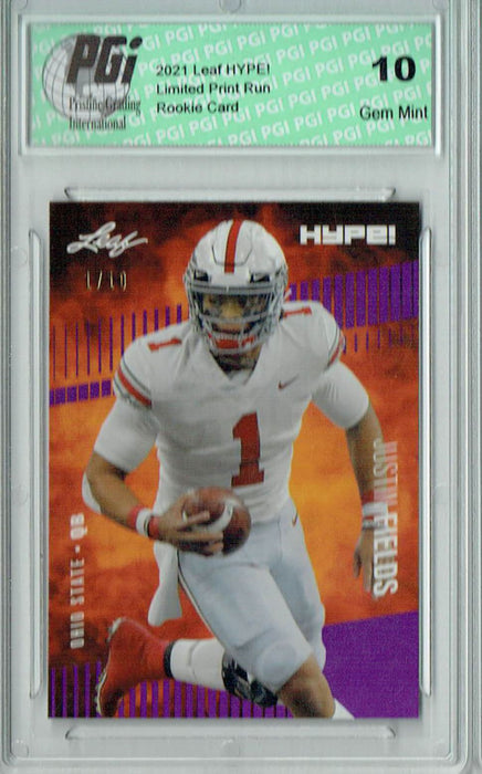 Justin Fields 2021 Leaf HYPE! #50A Purple, The 1 of 10 Rookie Card PGI 10