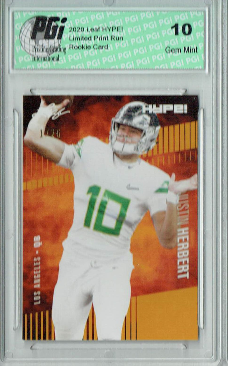 Justin Herbert Rookie Card Los Angeles PGI 10 Gem Mint Football Trading Card 2020 Leaf HYPE! #27A Gold, The 1 of 25