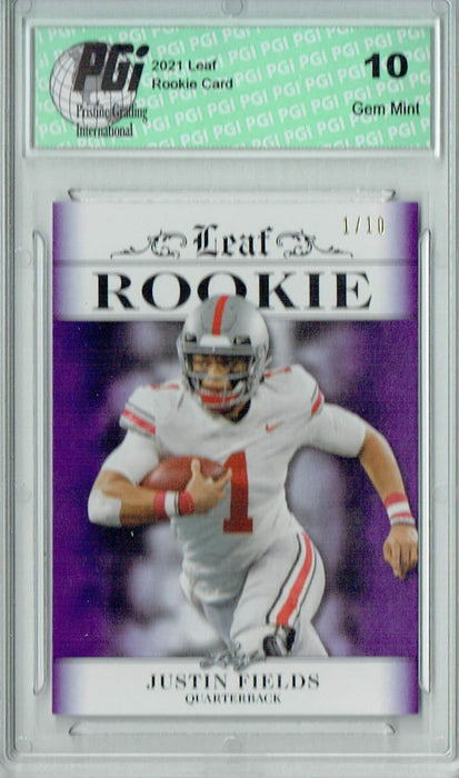 Justin Fields 2021 Leaf Exclusive #1 Purple, Jersey #1 of 10 Rookie Card PGI 10