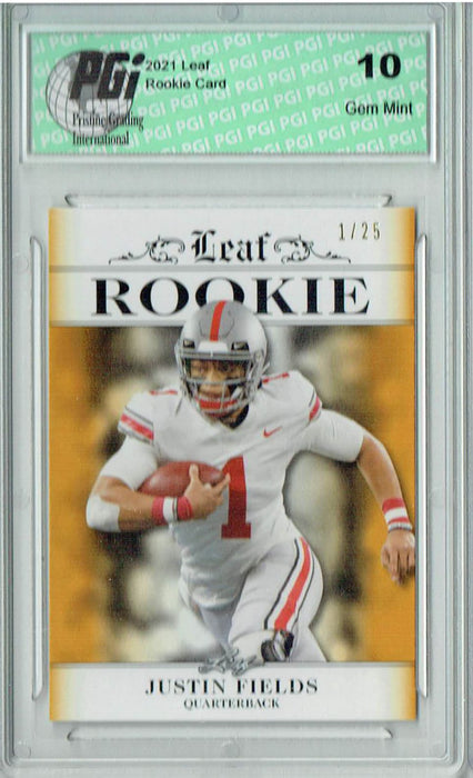 Justin Fields 2021 Leaf Exclusive #1 Gold, Jersey #1 of 25 Rookie Card PGI 10