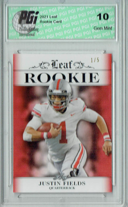 Justin Fields 2021 Leaf Exclusive #1 Red, Jersey #1 of 5 Rookie Card PGI 10