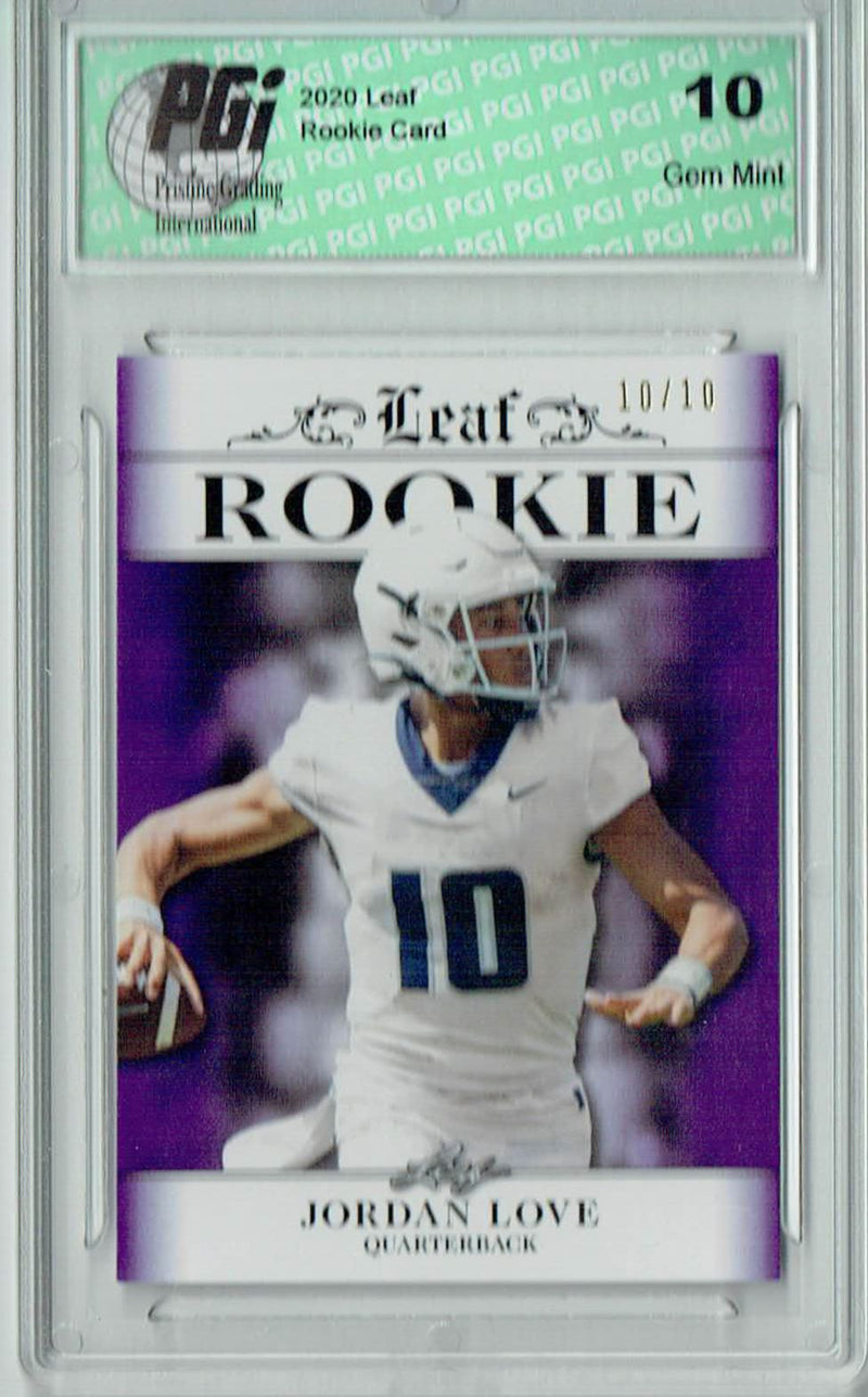Jordan Love Rookie Card Green Bay PGI 10 Gem Mint Football Trading Card 2020 Leaf Exclusive #3 Purple, Jersey 10 of 10