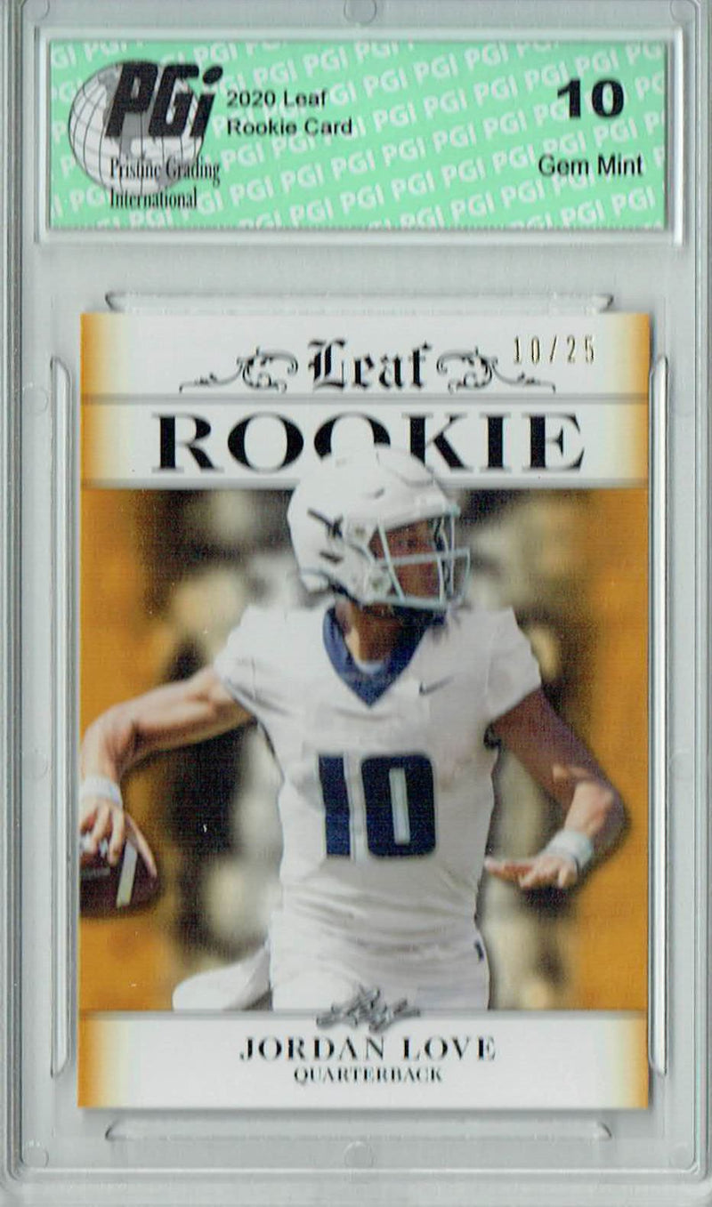 Jordan Love Rookie Card Green Bay PGI 10 Gem Mint Football Trading Card 2020 Leaf Exclusive #3 Gold, Jersey 10 of 25