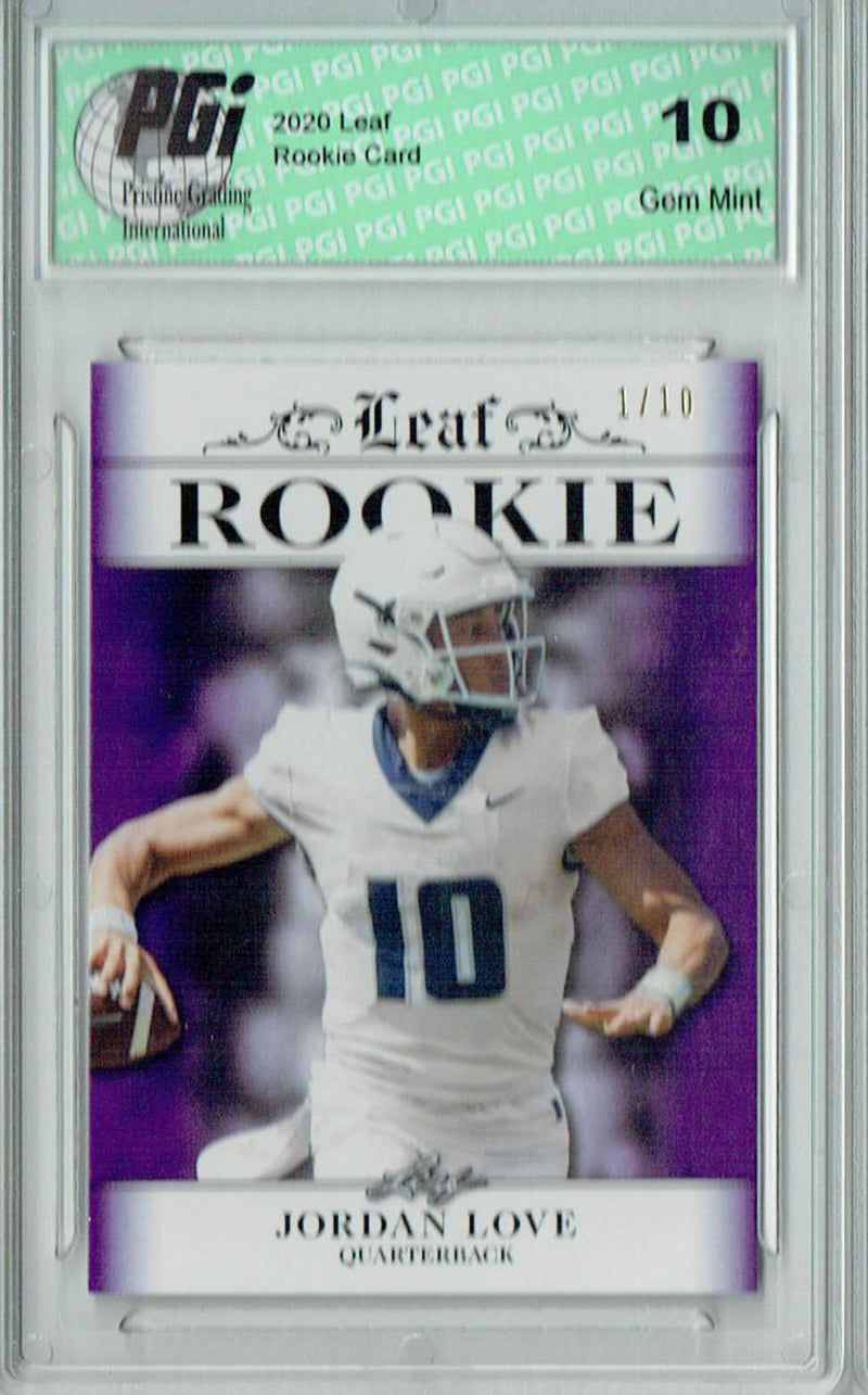 Jordan Love Rookie Card Green Bay PGI 10 Gem Mint Football Trading Card 2020 Leaf Exclusive #3 Purple, The 1 of 10