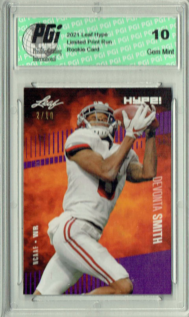 Devonta Smith Rookie Card Philadelphia PGI 10 Gem Mint Football Trading Card 2021 Leaf HYPE! #63 Purple SP, Only 10 Made