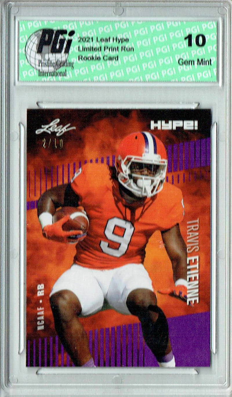 Travis Etienne Rookie Card Jacksonville PGI 10 Gem Mint Football Trading Card 2021 Leaf HYPE! #53A Purple SP, Only 10 Made