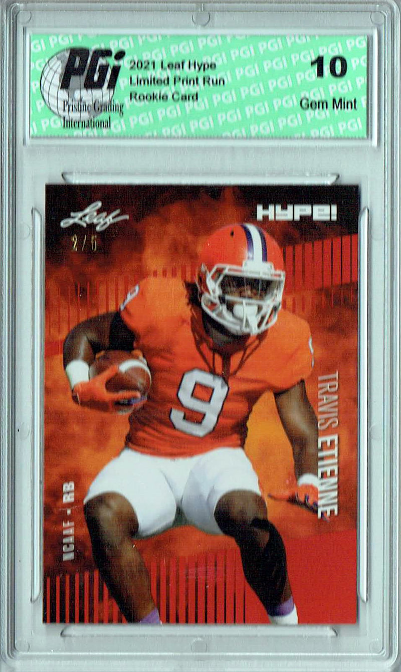Travis Etienne Rookie Card Jacksonville PGI 10 Gem Mint Football Trading Card 2021 Leaf HYPE! #53A Red SP, Only 5 Made