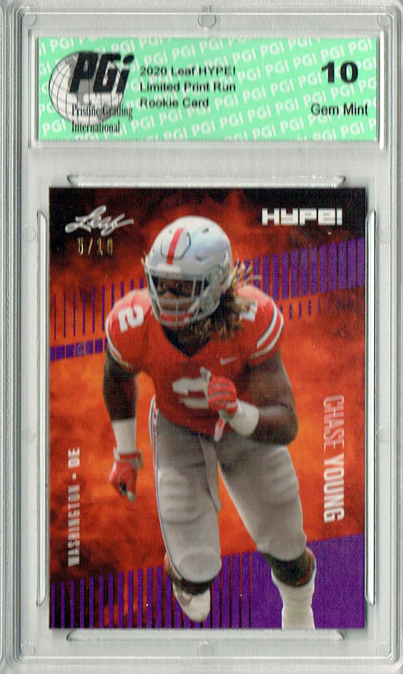 Chase Young Rookie Card Washington PGI 10 Gem Mint Football Trading Card 2020 Leaf HYPE! #55 Purple SP, Only 10 Made