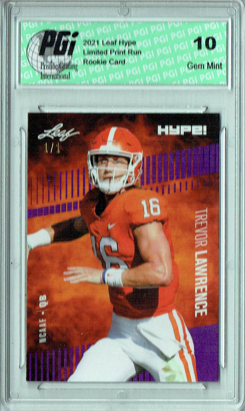 Trevor Lawrence Rookie Card Jacksonville PGI 10 Gem Mint Football Trading Card 2021 Leaf HYPE! #49 Purple Blank Back 1/1
