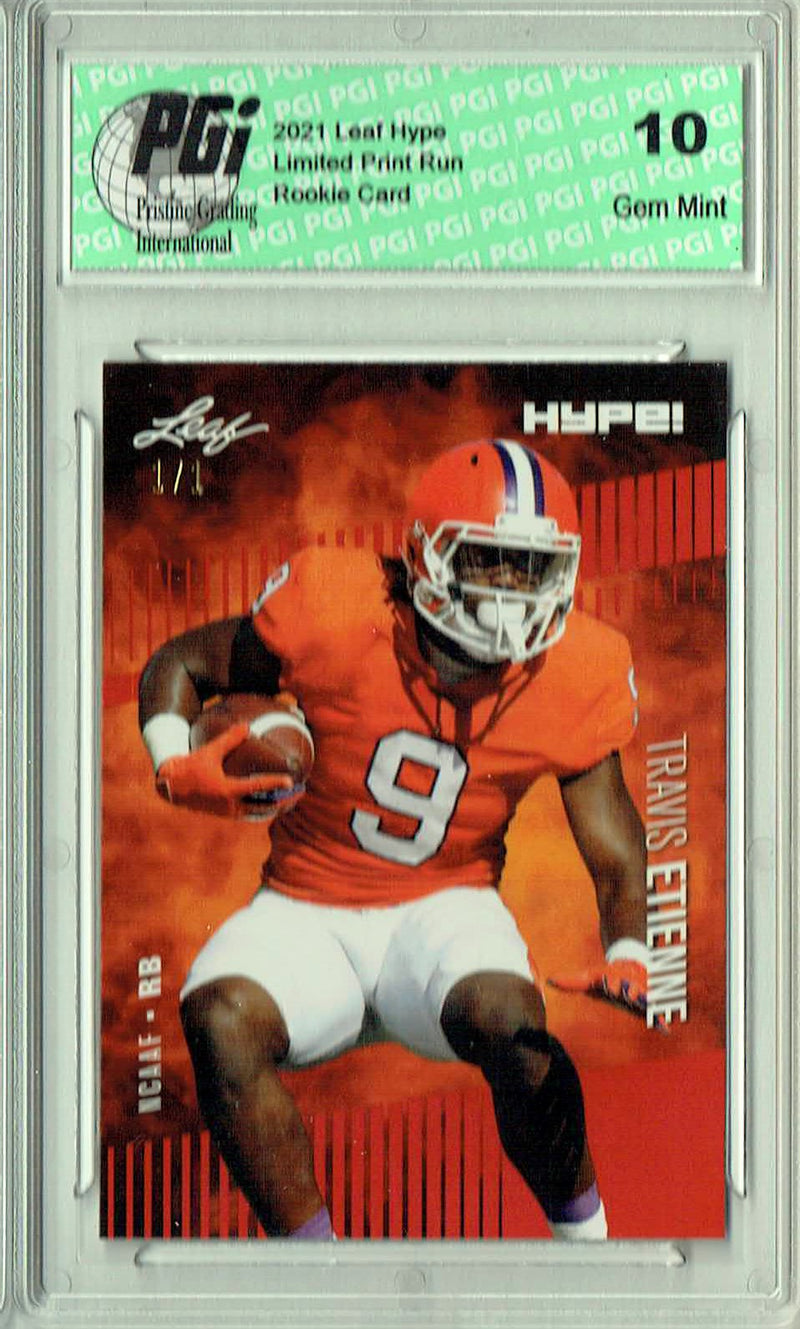 Travis Etienne Rookie Card Jacksonville PGI 10 Gem Mint Football Trading Card 2021 Leaf HYPE! #53A Red Blank Back 1/1
