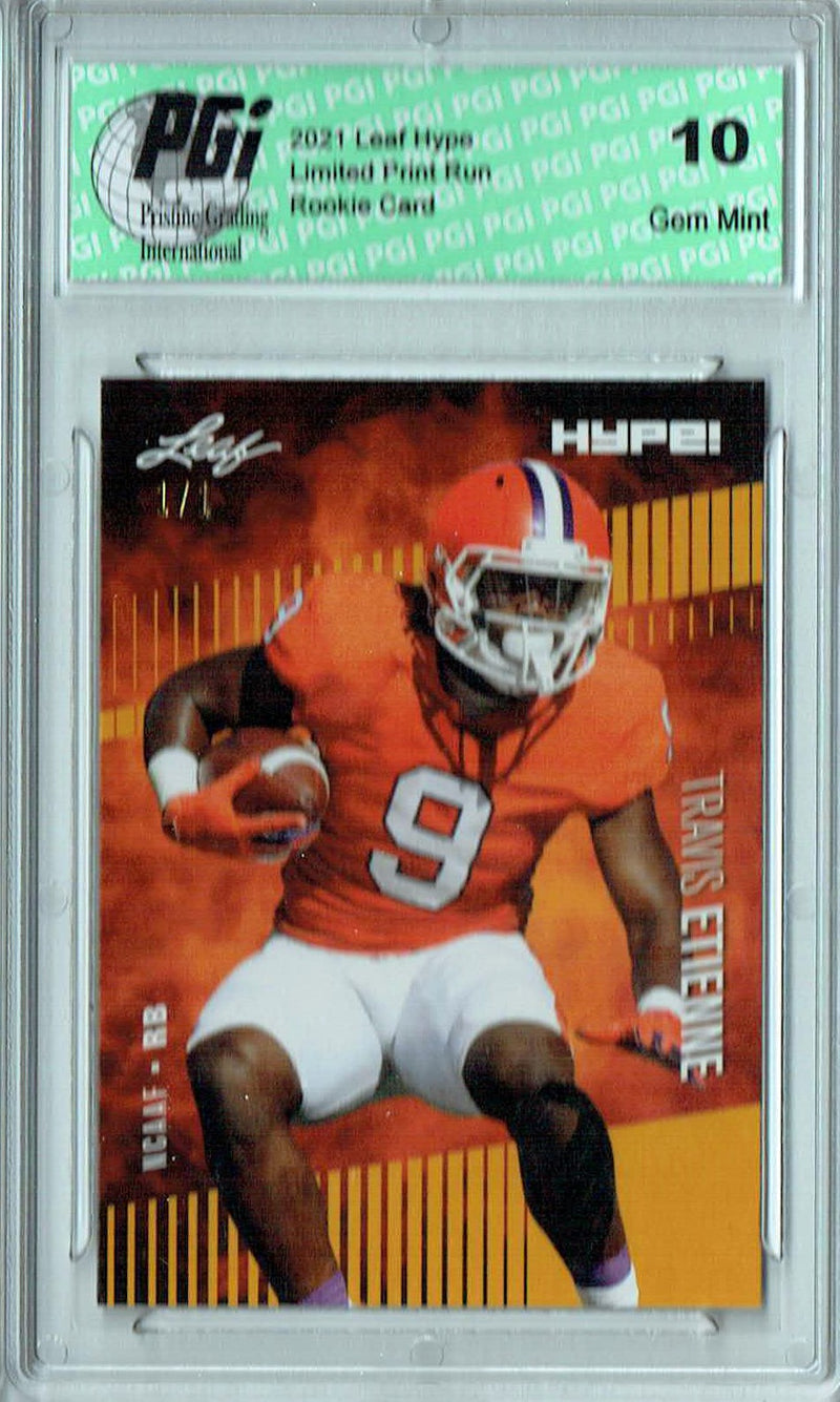 Travis Etienne Rookie Card Jacksonville PGI 10 Gem Mint Football Trading Card 2021 Leaf HYPE! #53A Gold Blank Back 1/1