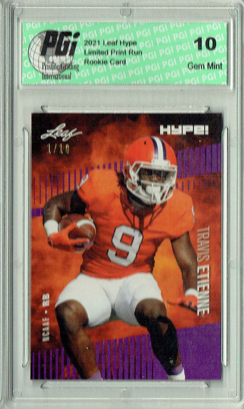 Travis Etienne Rookie Card Jacksonville PGI 10 Gem Mint Football Trading Card 2021 Leaf HYPE! #53A Purple The 1 of 10