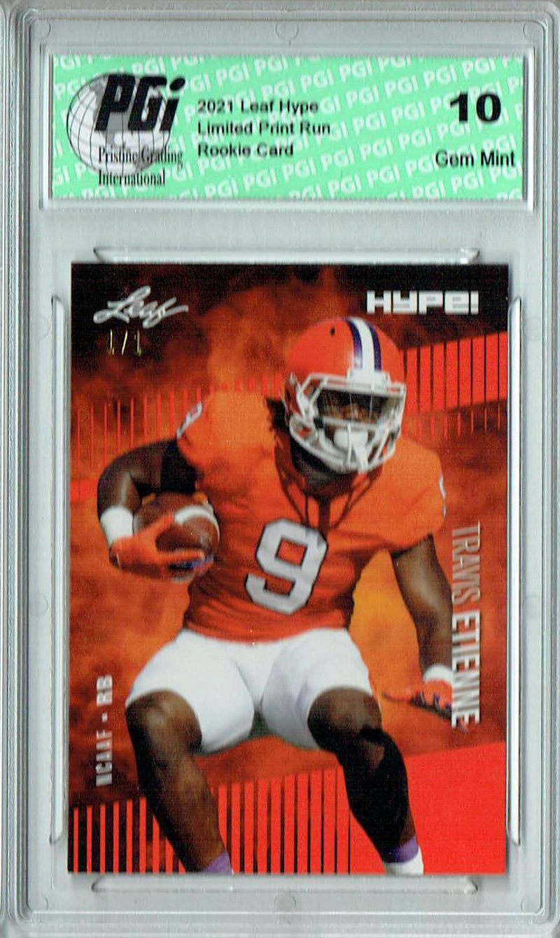 Travis Etienne Rookie Card Jacksonville PGI 10 Gem Mint Football Trading Card 2021 Leaf HYPE! #53A Orange Blank Back 1/1