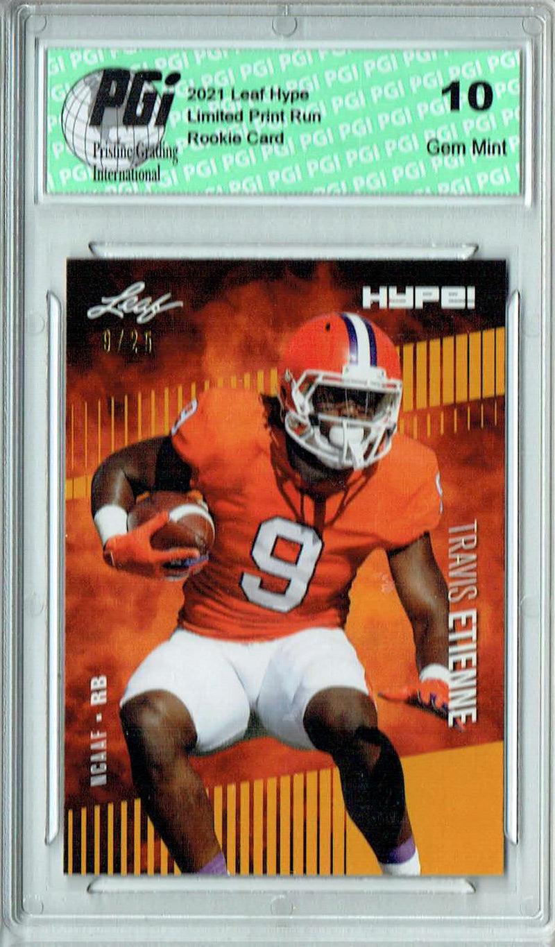 Travis Etienne Rookie Card Jacksonville PGI 10 Gem Mint Football Trading Card 2021 Leaf HYPE! #53A Gold Jersey #9/25
