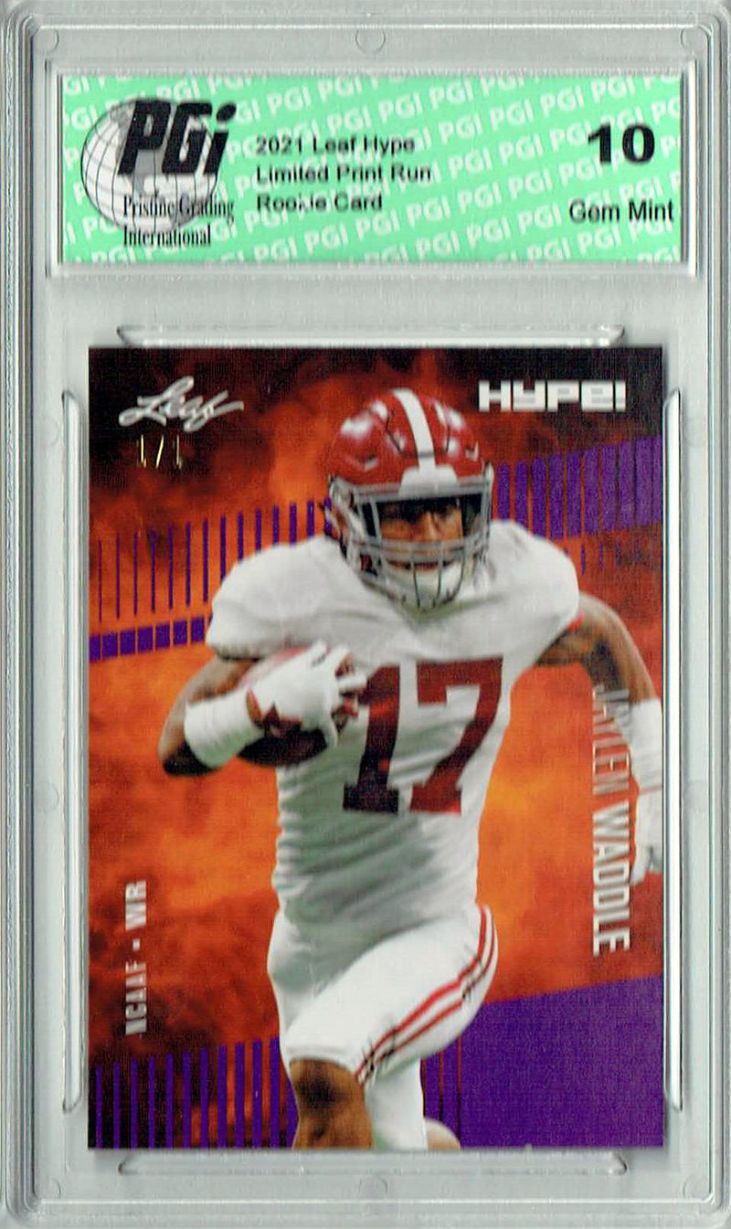 Jaylen Waddle Rookie Card Miami PGI 10 Gem Mint Football Trading Card 2021 Leaf HYPE! #62 Purple Blank Back 1/1