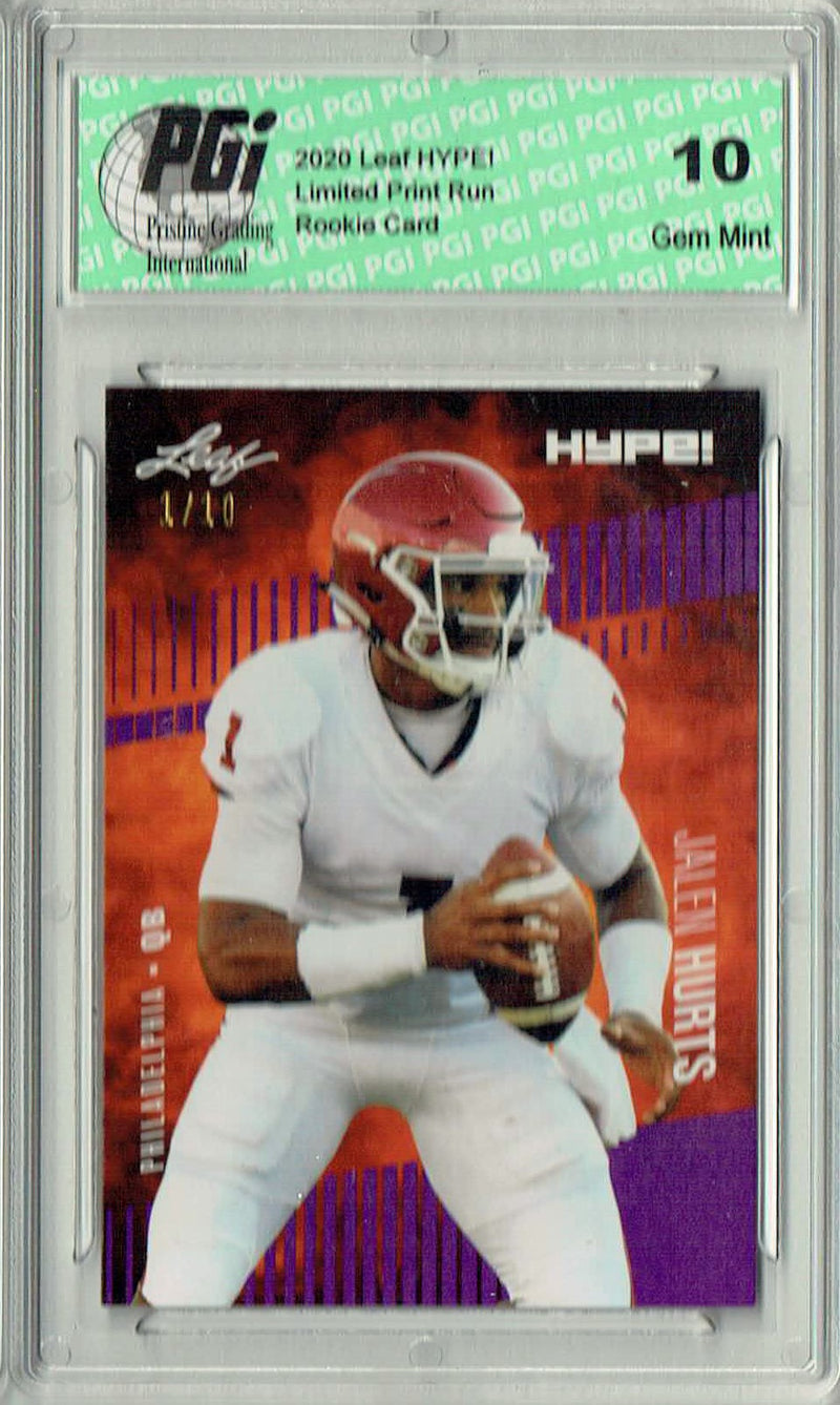 Jalen Hurts Rookie Card Philadelphia PGI 10 Gem Mint Football Trading Card 2020 Leaf HYPE! #28A Purple Jersey #1 of 10