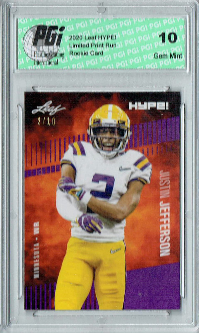 Justin Jefferson Rookie Card Minnesota PGI 10 Gem Mint Football Trading Card 2020 Leaf HYPE! #54 Purple Jersey #2/10