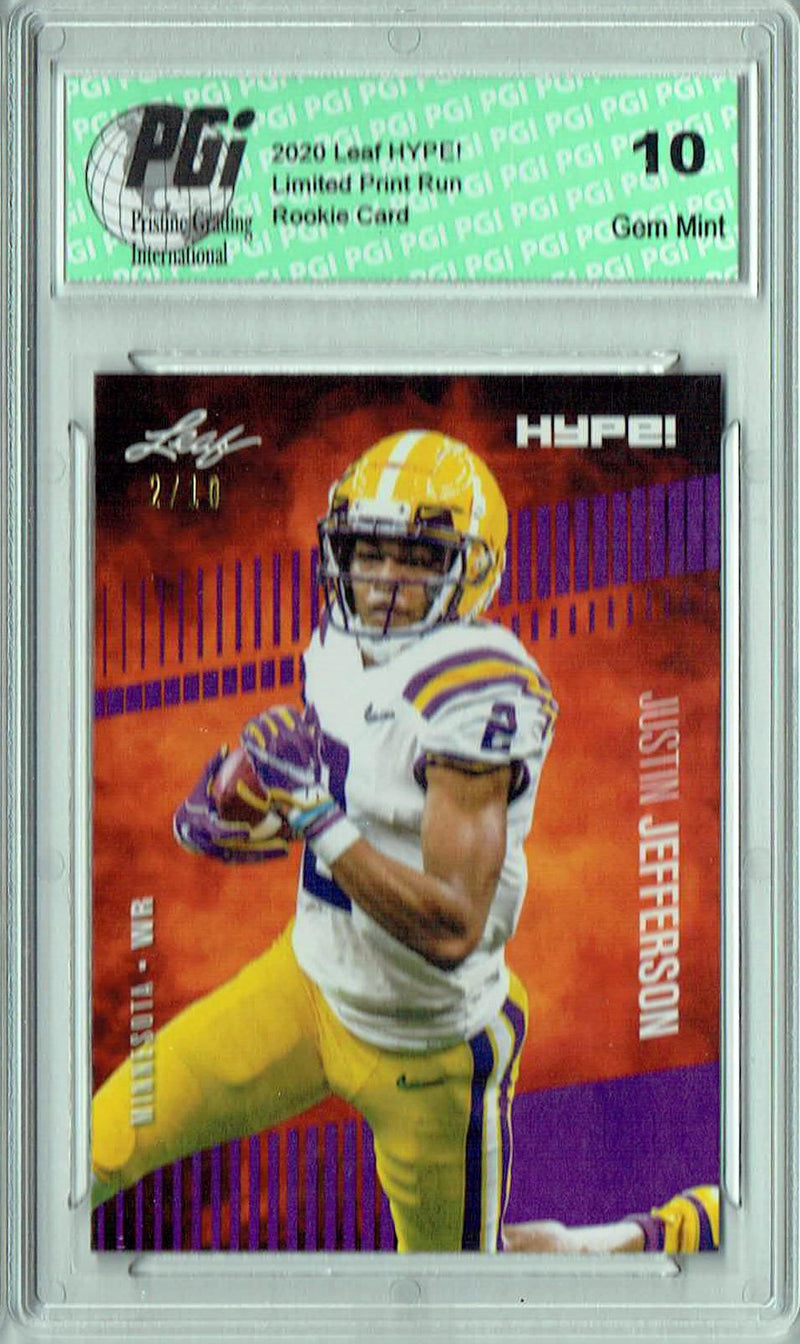 Justin Jefferson Rookie Card Minnesota PGI 10 Gem Mint Football Trading Card 2020 Leaf HYPE! #54A Purple Jersey #2/10