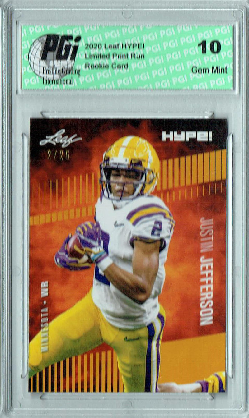 Justin Jefferson Rookie Card Minnesota PGI 10 Gem Mint Football Trading Card 2020 Leaf HYPE! #54A Gold Jersey #2/25