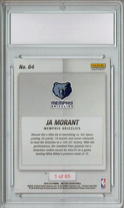 Ja Morant 2019 Panini Instant #64 1 of 85 Made 14 assists Rookie Card PGI 10