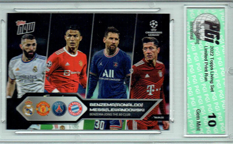 Lionel Messi 2022 Topps Now #136 Benzema/Ronaldo/Messi/Lewandowski Card PGI 10